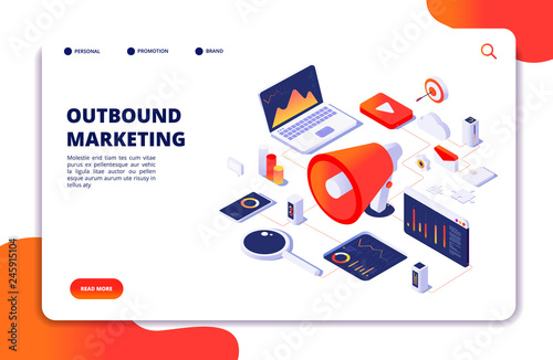 Outbound marketing. Seo pr roi crm online communication. Social media promotion landing vector webpage. Illustration of marketing optimization outbound