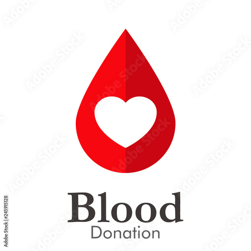 Logotipo abstracto con texto Blood Donation con gota dividida en color rojo con corazón en espacio negativo