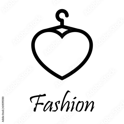 Logotipo abstracto con texto Fashion con percha como corazón en color negro