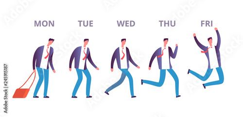 Man friday concept. Funny businessman feeling happy going through week days to weekend. Happy friday vector concept. Friday jump day, happy man illutration