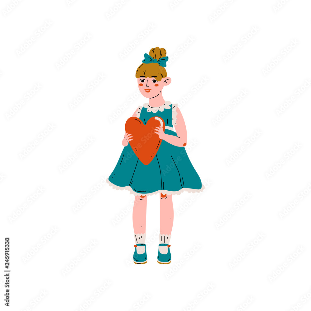 Lovely Girl in Blue Dress Holding Red Heart, Happy Valentine Day Vector Illustration Lovely Girl in Blue Dress Holding Red Heart, Happy Valentine Day Vector Illustration