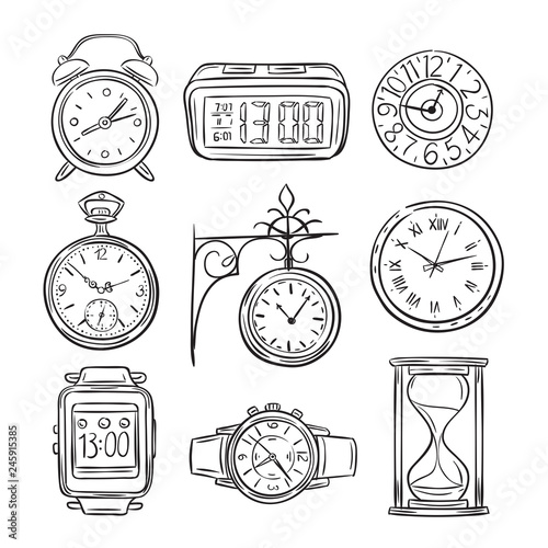 Sketch clock. Doodle watch, alarm and timer, sand clock hourglass. Hand drawn time vector vintage isolated icons. Illustration of clock and timer, alarm and hourglass