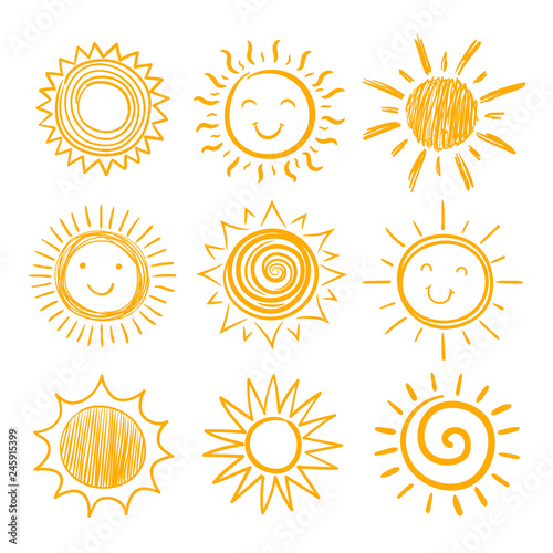 Sketch sun icons. Hand drawn sunshine. Summer morning sunrise. Doodle vector warming symbols isolated. Illustration of sunny sunshine sketch photo