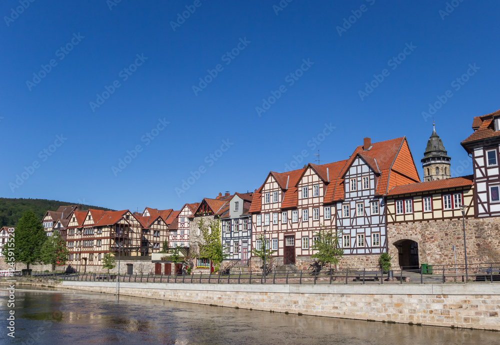 Colorful houses at the Fulda riverside in historic Hannoversch Munden, Germany