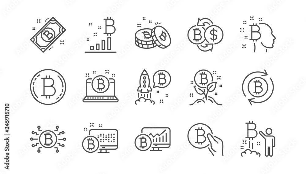 Cryptocurrency line icons. Blockchain, Crypto ICO and Bitcoin. Mining linear icon set. Vector Cryptocurrency line icons. Blockchain, Crypto ICO and Bitcoin. Mining linear icon set. Vector