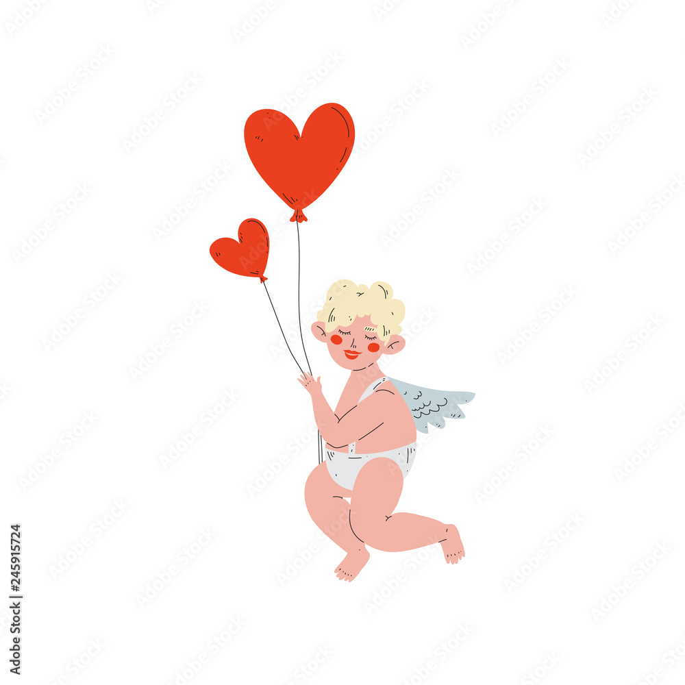 Cute Funny Cupid with Heart Shaped Balloons, Amur Baby Angel, Happy Valentine Day Symbol Vector Illustration Cute Funny Cupid with Heart Shaped Balloons, Amur Baby Angel, Happy Valentine Day Symbol Vector Illustration
