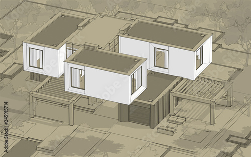 3d rendering sketch of modern cozy house in garden with garage for sale or rent. Black line sketch with white spot and hand drawing entourage on craft background.