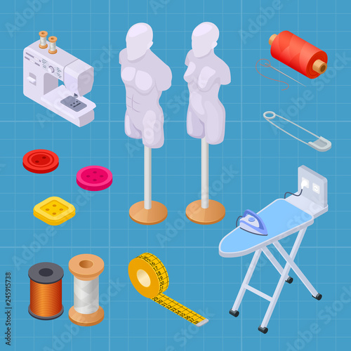 Sewing factory isometric set, sewing equipments vector collection. Isometric equipment, sewing machine illustration