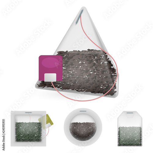 Bags with herbal, green and black tea isolated on white background. Illustration of bag tea green and herbal