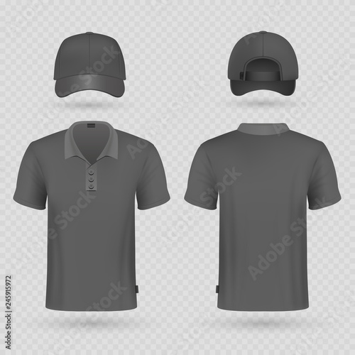 Black baseball cap and male polo t-shirt realistic vector mockup. Illustration of cap and tshirt clothes male