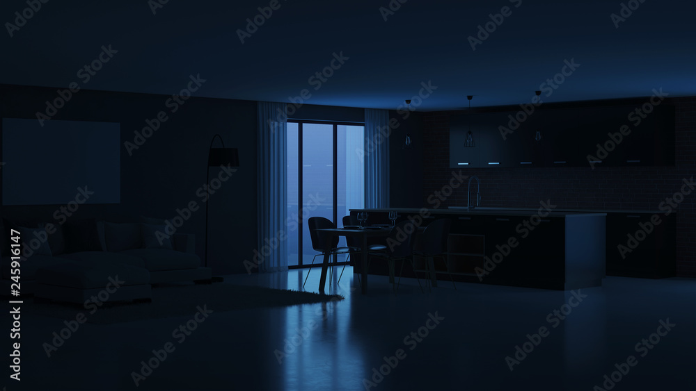 Modern house interior. Night. Evening lighting. 3D rendering. Modern house interior. Night. Evening lighting. 3D rendering.
