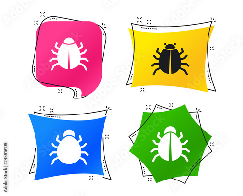 Bugs vaccination icons. Virus software error sign symbols. Geometric colorful tags. Banners with flat icons. Trendy design. Vector