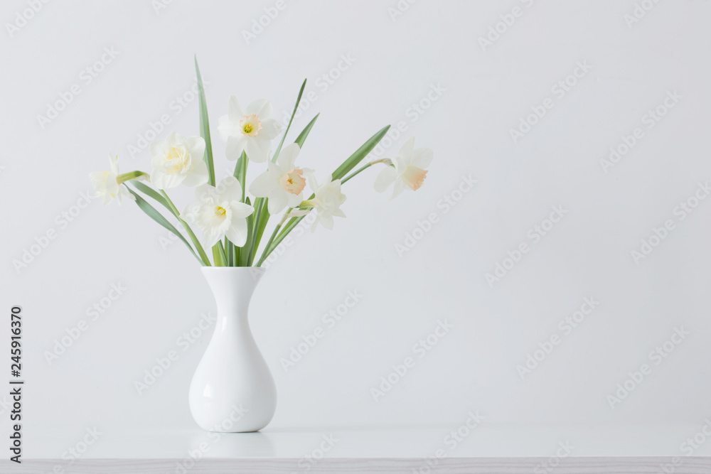 spring flowers in white vase - obrazy, fototapety, plakaty 