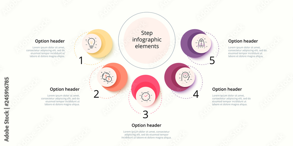 Business process chart infographics with 5 step circles. Circular corporate workflow graphic elements. Company flowchart presentation slide template. Vector info graphic design. Business process chart infographics with 5 step circles. Circular corporate workflow graphic elements. Company flowchart presentation slide template. Vector info graphic design.