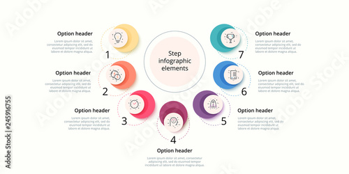 Business process chart infographics with 7 step circles. Circular corporate workflow graphic elements. Company flowchart presentation slide template. Vector info graphic design.