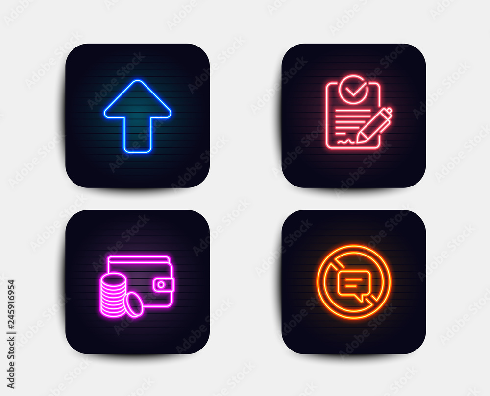 Neon set of Payment method, Rfp and Upload icons. Stop talking sign. Wallet with coins, Request for proposal, Load arrowhead. Do not talk. Neon icons. Glowing light banners. Vector Neon set of Payment method, Rfp and Upload icons. Stop talking sign. Wallet with coins, Request for proposal, Load arrowhead. Do not talk. Neon icons. Glowing light banners. Vector