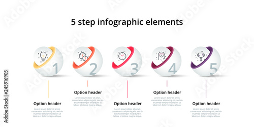 Business process chart infographics with 5 step circles. Circular corporate workflow graphic elements. Company flowchart presentation slide template. Vector info graphic design.