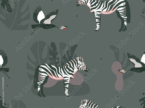 Hand drawn vector abstract cartoon modern graphic African Safari Nature concept collage illustrations art print with zebra animals and crane bird in wild outdoor isolated on dark color background