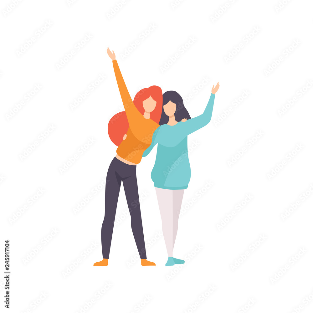 Two Beautiful Women Friends Hugging and Waving Their Hands, Female Friendship Vector Illustration Two Beautiful Women Friends Hugging and Waving Their Hands, Female Friendship Vector Illustration