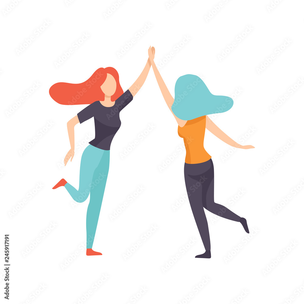 Two Happy Women Friends Giving High Five,Happy Meeting, Female Friendship Vector Illustration