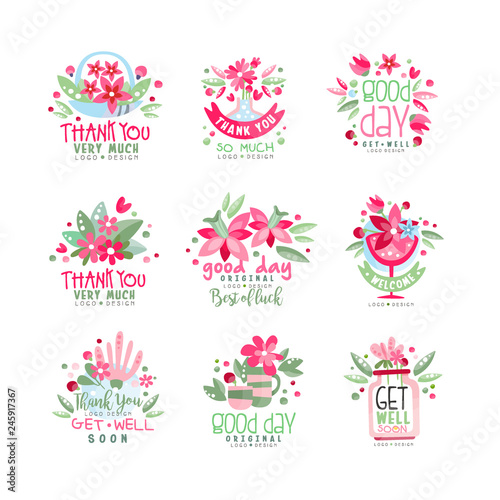 Thank You, Good Day, Get Well logo design set, holiday card, banner, invitation with lettering, colorful label with floral elements vector Illustration