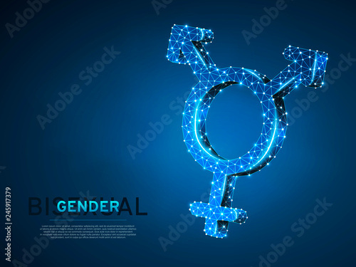 Bisexual pride, people symbol. Wireframe digital 3d illustration. Low poly, woman and two men bisexuality concept on blue background. Abstract Vector polygonal neon LGBT sign. RGB color mode
