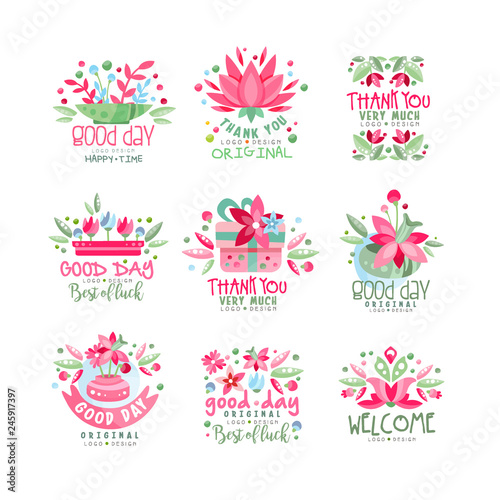 Thank You, Good Day, Welcome logo design set, card, banner, invitation with lettering, colorful label with floral elements vector Illustration © topvectors