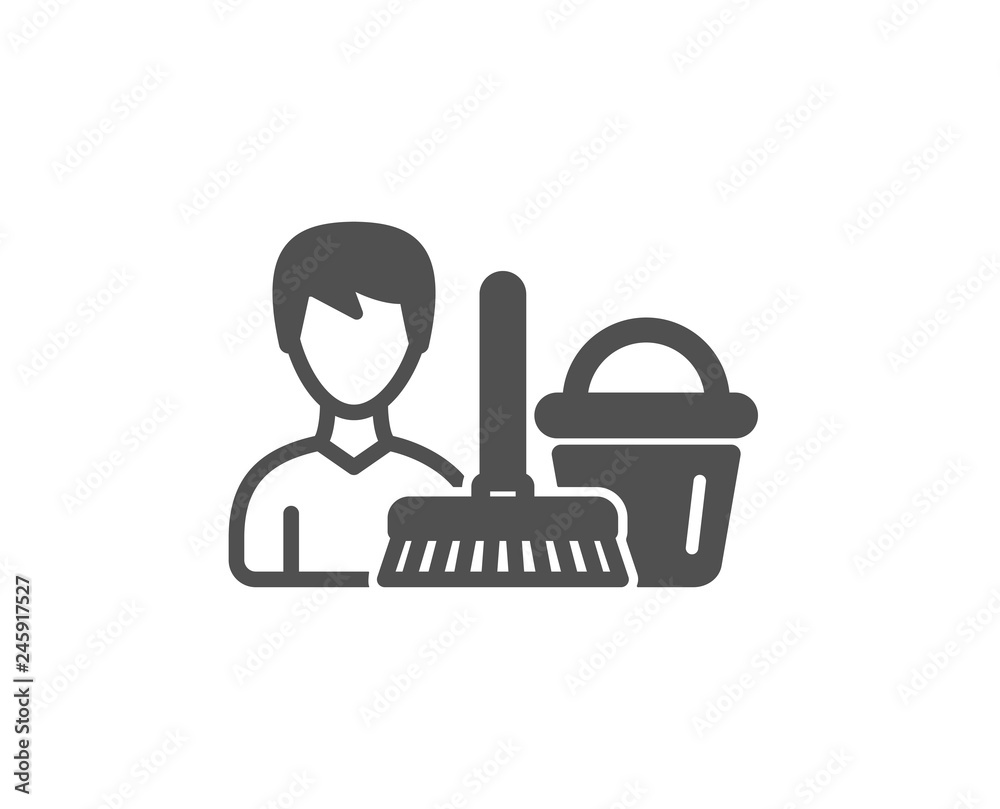 Cleaning service icon. Bucket with mop symbol. Washing Housekeeping equipment sign. Quality design element. Classic style icon. Vector