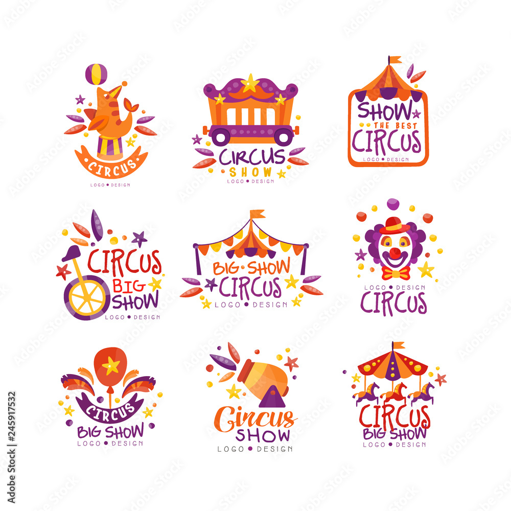 Big circus show logo design set, carnival, festive labels, badges, hand drawn design elements an be used for flyear, poster, banner, invitation vector Illustration