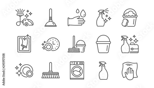 Cleaning line icons. Laundry, Window sponge and Vacuum cleaner. Washing machine linear icon set.  Vector