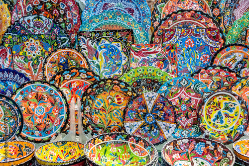 Colorful pottery dishes in Dubai souks  Unied Arab Emirates