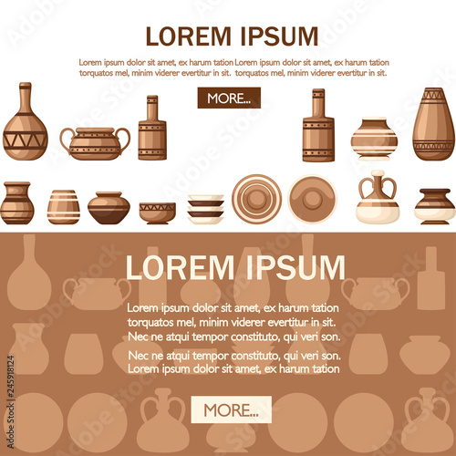 Set of clay crockery with patterns. Kitchenware dishes - plates, jugs, pots. Brown clay. Flat vector illustration on white and brown backgrounds. Website page and mobile app design