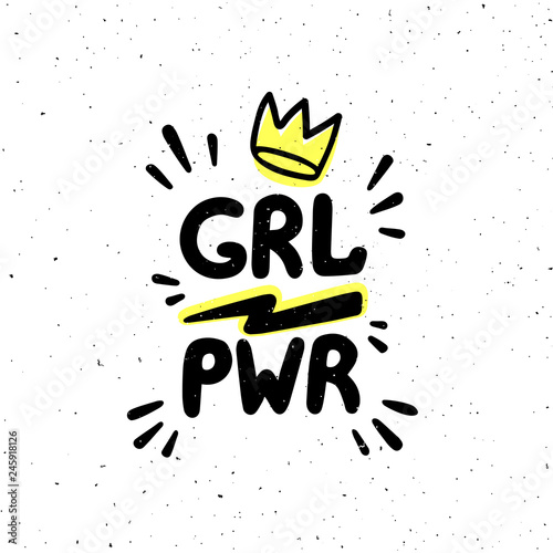 GRL PWR quote. Girl Power hand drawing inscription and crown for print, brochure, greeting card, bag, t-shirt. Vector illustration