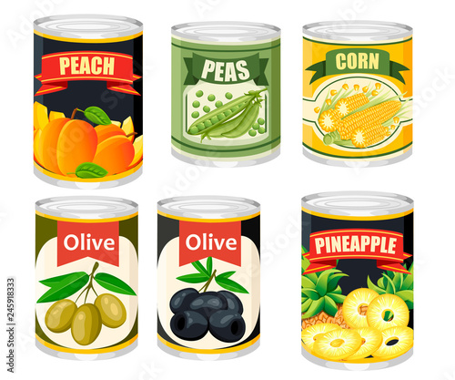 Colored icon collection Food in aluminum can. Canned fruits and olives. Product for supermarket and shop. Flat vector illustration isolated on background