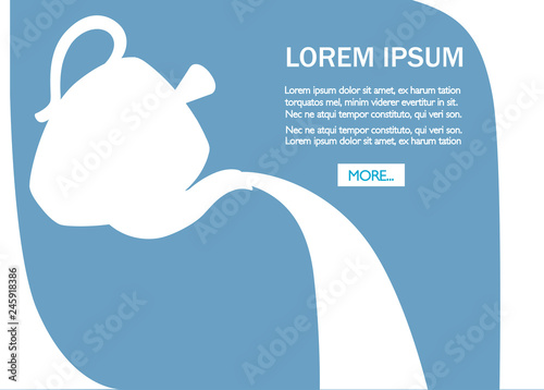 White teapot silhouette pouring tea. Flat vector illustration. Concept of tea party web site design. Mobile app with button and place for text
