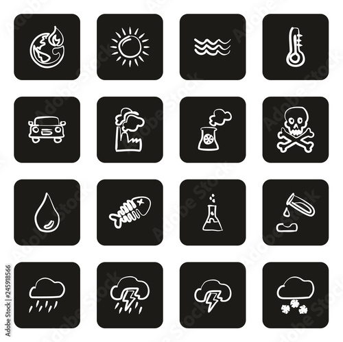 Global Warming Icons Freehand White On Black