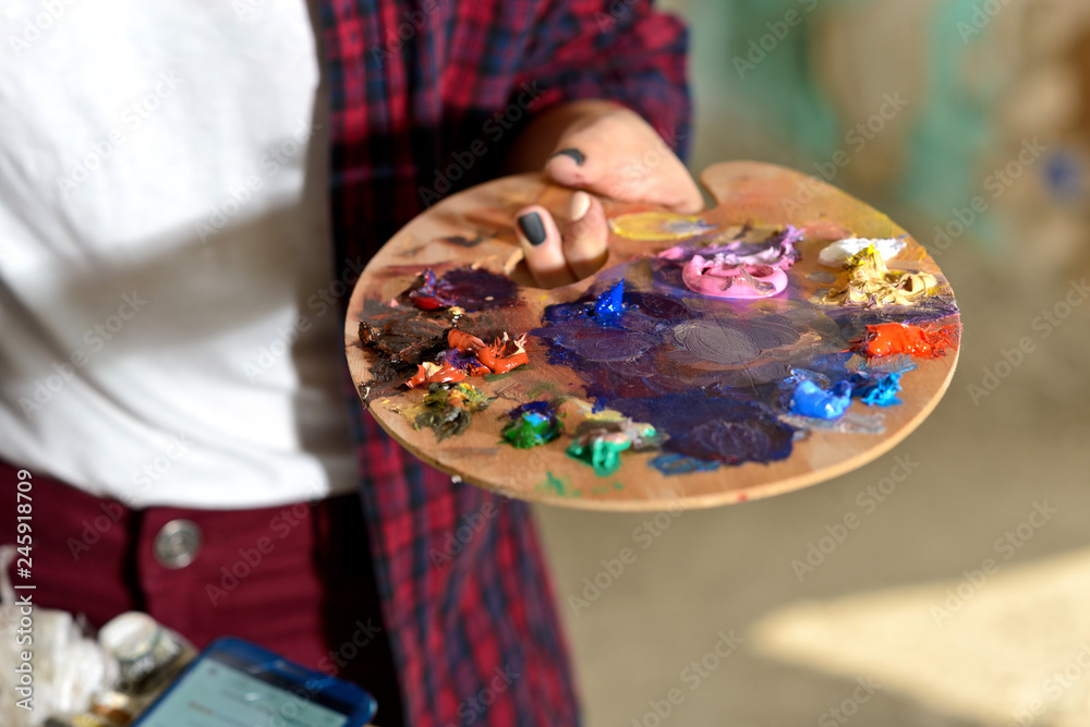 Fototapeta premium Wooden palette with oil paints