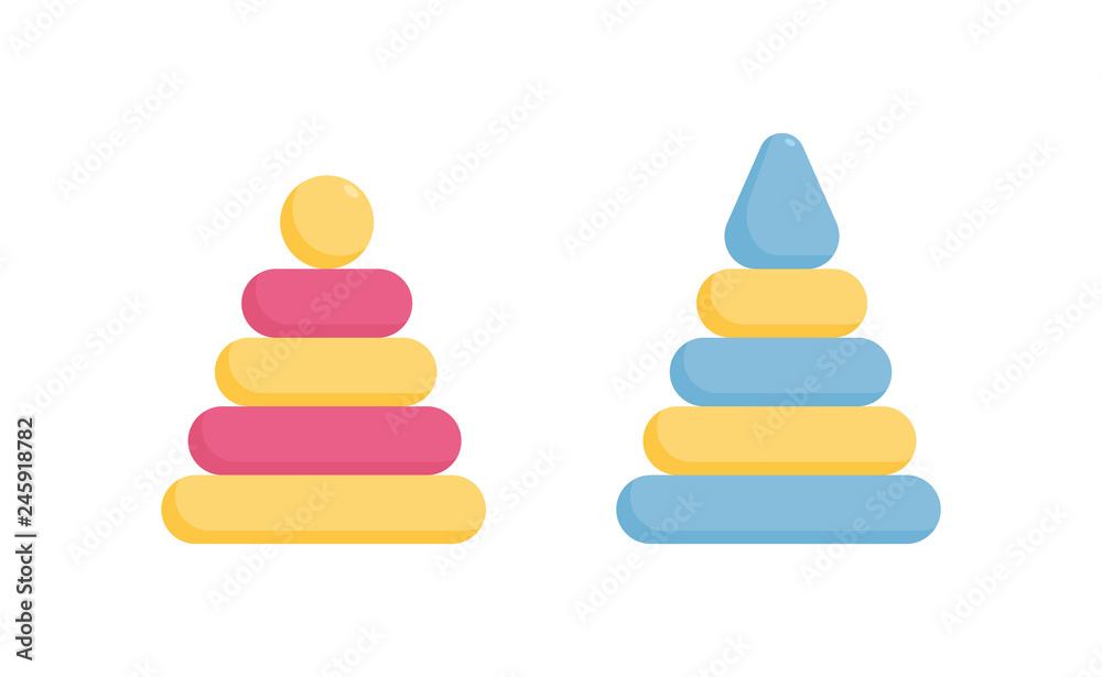 Pyramid ring toddler toy of two colors - pink and blue educational game for little girl or boy. Pyramid ring toddler toy of two colors - pink and blue educational game for little girl or boy.