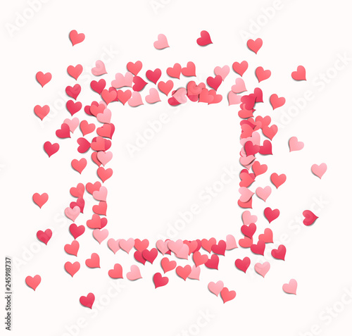 Sqaure shaped love heart confetti frame design. Vector illustration.