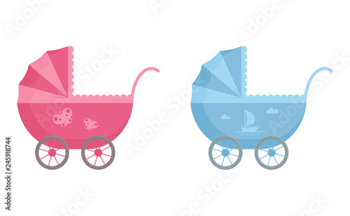 Baby pram in blue and pink colors decorated with sailboat and butterfly in flat style.