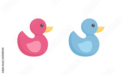 Rubber or plastic duck toy for toddler bathing in flat style isolated on white background.