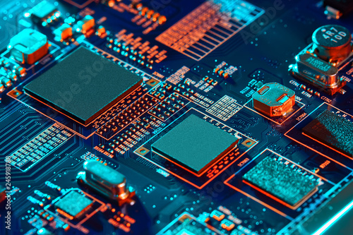 Electronic circuit board close up. photo