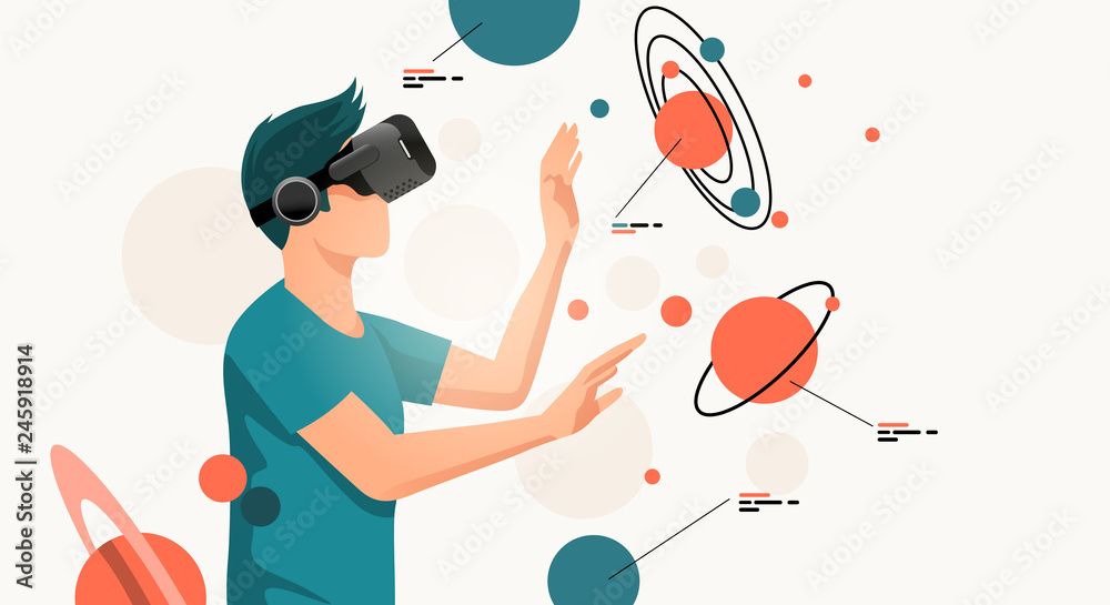 A young man moving objects around using a virtual reality VR headset.  People vector illustration. vector de Stock | Adobe Stock