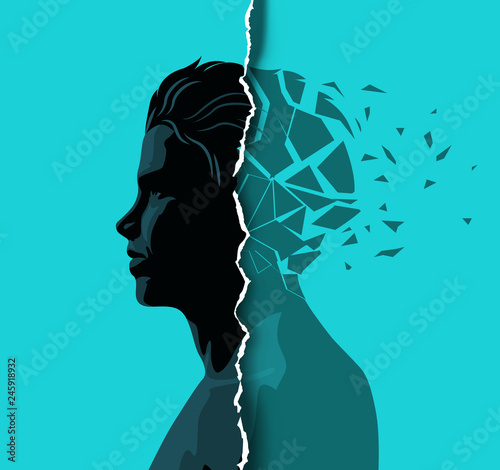 A adult male dealing with mental health issues. Anxiety, mindfulness and awareness concept. Vector illustration.