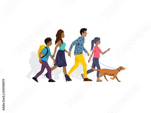 Family members walking the dog in the park and spending time together. Vector illustration.
