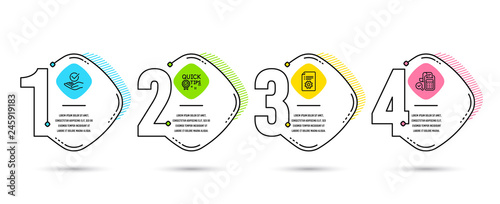 Infographic template 4 options or steps. Set of Approved, Technical documentation and Quick tips icons. Bill accounting sign. Verified symbol, Manual, Helpful tricks. Audit report. Vector