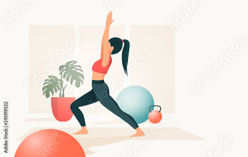A young women in a fitness studio practicing Yoga, People vector illustration