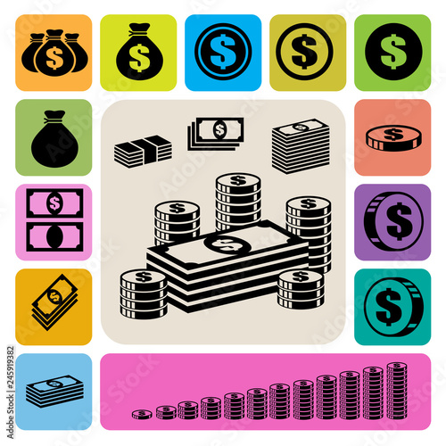 Money and coin icon set.