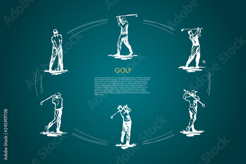 Golf - man with golf club in different active poses vector concept set