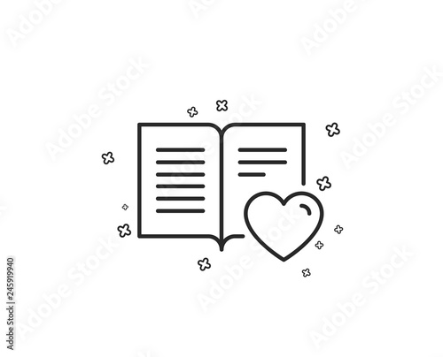 Love book line icon. Feedback sign. Customer satisfaction symbol. Geometric shapes. Random cross elements. Linear Love book icon design. Vector